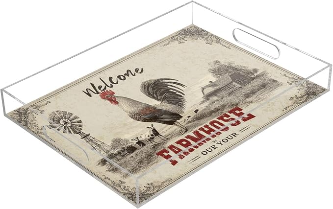 Serving Tray with Handles Clear Acrylic Tray 12x16 Inch Decorative Rectangular Tray Organizer for Ottoman Coffee Table Bathroom Rooster Farmhouse Cow