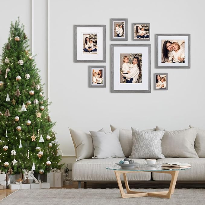 Egofine 11x14 Picture Frames Set of 4, Made of Solid Wood Covered by Plexiglass 5x7 and 8x10 with Mat or 11x14 without Mat, for Table Top Display and Wall Mounting Photo Frame Light Grey