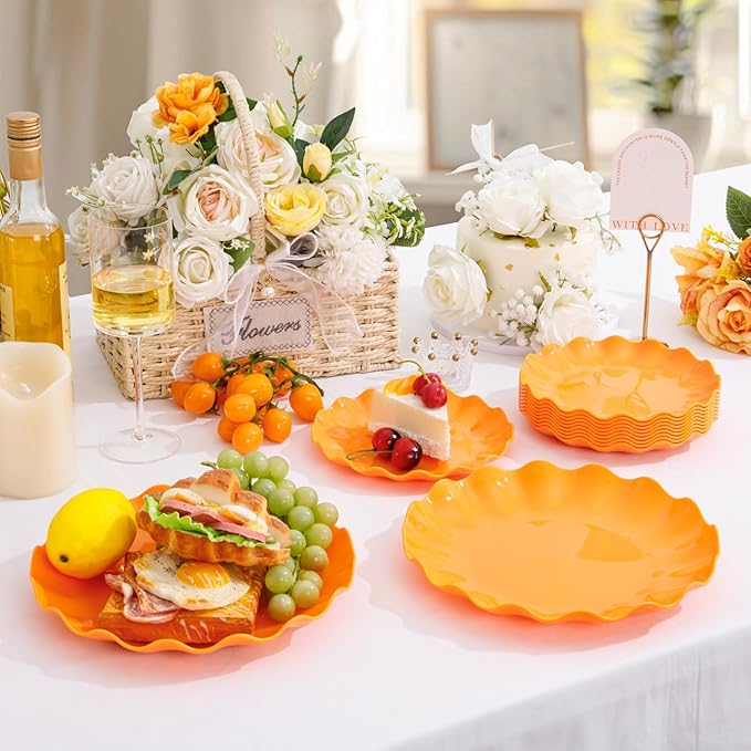LIYH 50 Pcs Heavy Duty Plates Orange Scalloped Plastic Plates Reusable Unbreakable Plastic Plate for Party, Dishwasher Safe BPA Free (25Guests)