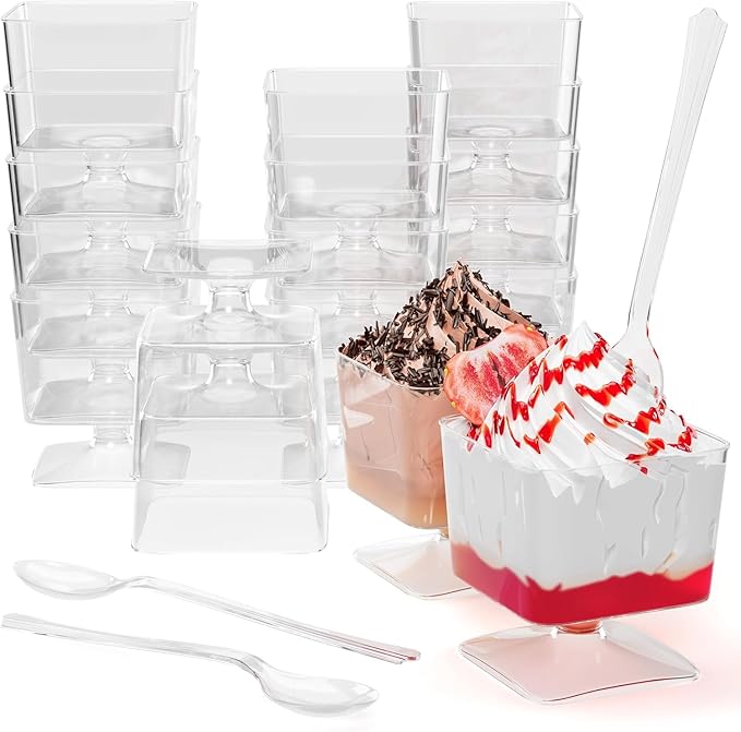 Exquisite Mini Dessert Cups With Spoons 200 Pcs - 2 Oz Square Clear Plastic Pudding Cups Disposable With Tasting Spoons 100 Sets | Mini Parfait Cup | Appetizer Cup For Party & Events