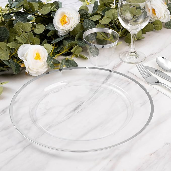 Goodluck 12 Inch Disposable Charger Plates Plastic, 100 Pack Plastic Clear Charger with Silver Rim for Dinner, Wedding, Party