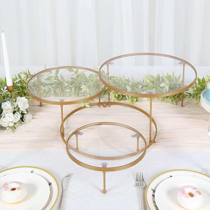 Tableclothsfactory 23" 3-Tier Gold Metal Cupcake Stand with Clear Round Acrylic Plates, Dessert Cake Display Holder