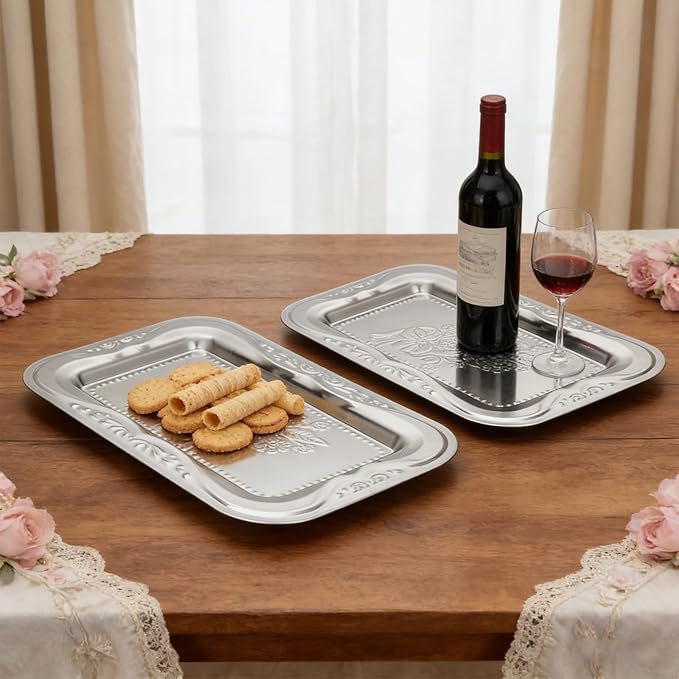 6 Pack Silver Serving Trays Set, Floral Engraved Mirror Decorative Tray Party Platters for Whiskey Cookies Food Dessert Fruit Cupcake Weddings Table Parties Display