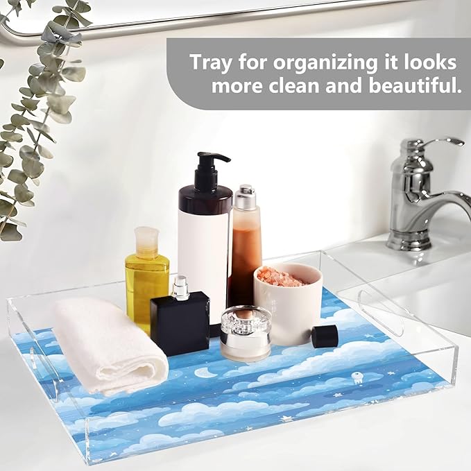Serving Tray with Handles Clear Acrylic Tray 12x16 Inch Decorative Rectangular Tray Organizer for Ottoman Coffee Table Bathroom Blue Gradient Cloud and Stars
