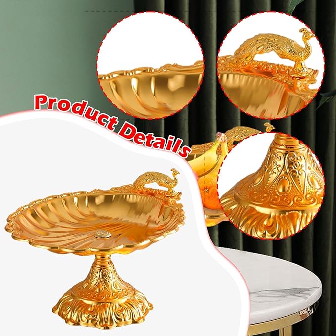 Fruit Plate Vegetable Holder with Base Decor Container Stand for Kitchen Counter Home Bread Snacks Serving Tray- Gold