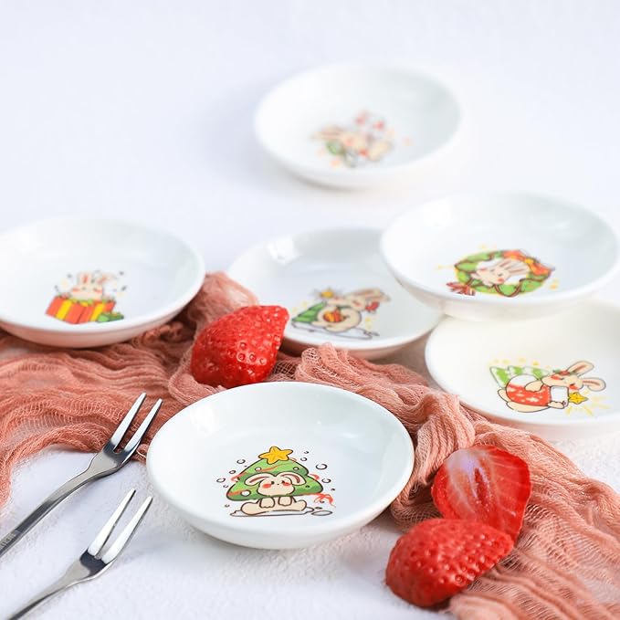 SOCOSY Cute Cartoon Christmas Rabbits Ceramic Sauce Dishes, Seasoning Dishes, Little Cat Dog Bird Feeding Bowls, Sushi Soy Dipping Bowls, Appetizer Plates, Dessert Plates-Rabbits-3.5 Inch, Set of 6
