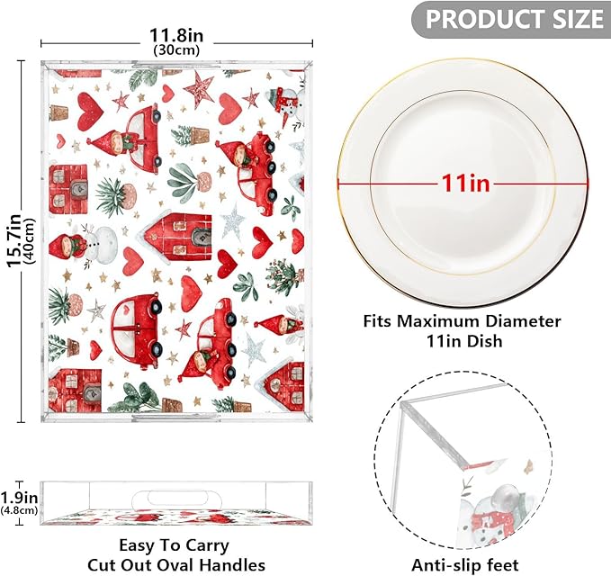 Serving Tray with Handles Clear Acrylic Tray 12x16 Inch Decorative Rectangular Tray Organizer for Ottoman Coffee Table Bathroom Watercolor Christmas Elves Stars White