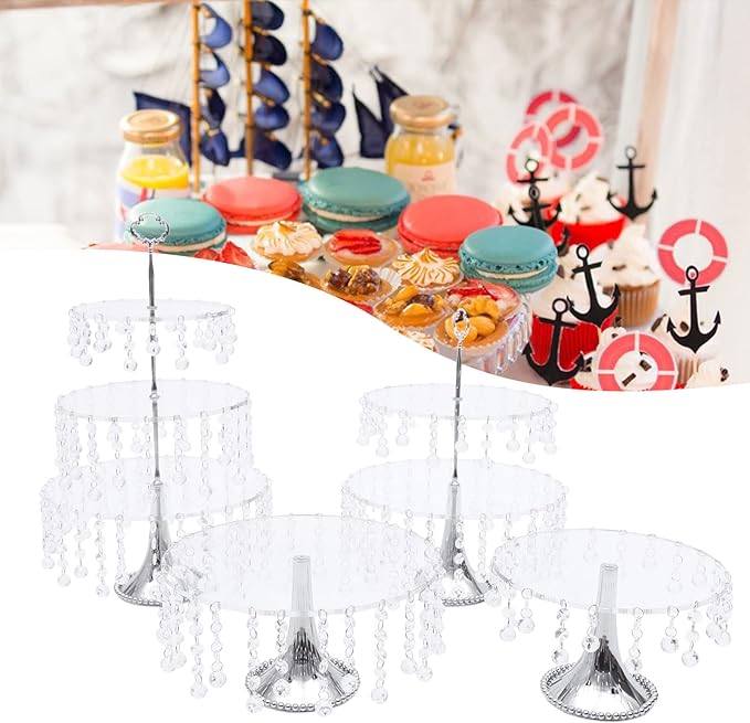 4 Pcs Acrylic Cake Stands 12 Inch with Crystal Bling Pendants, Dessert Cupcake Display Metal Stand for Christmas New Year Wedding, Event, Birthday Party