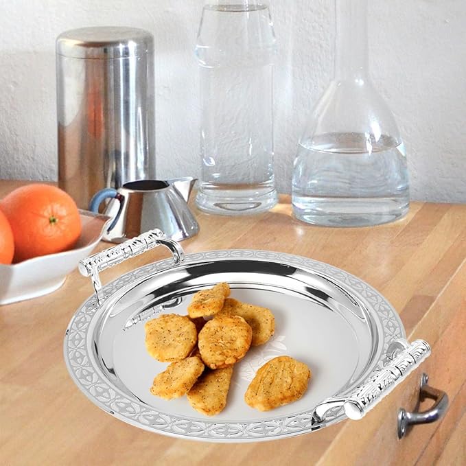 Uonlytech Silver Floral Pattern Round Serving Tray Elegant Appetizer and Fruit Storage Plate for Snacks Dry Fruits Tea Candy and Jewelry Display Lightweight for Parties and Home Use