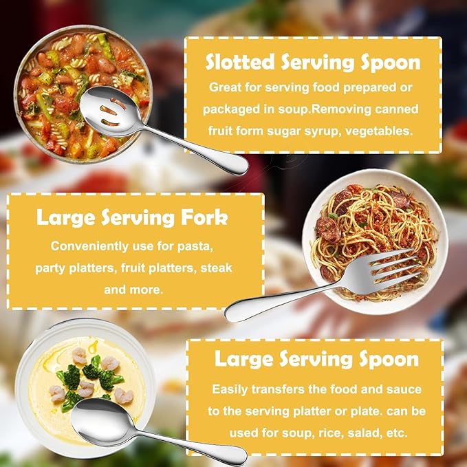 12Pcs Silver Serving Utensils Stainless Steel Serving Spoon,Slotted Spoons Serving Forks,Serving Tongs Cake Server Dessert Spoon Serving Flatware Set Great for Parties Buffet Party