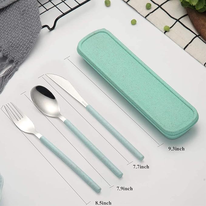 Portable Home Utensils Reusable Flatware Set with Case, Portable Utensils Set With Case Wheat Straw Utensils Travel Cutlery Set Reusable Flatware 3 PCs Fork Spoon Knife With Colored Handle(Green)
