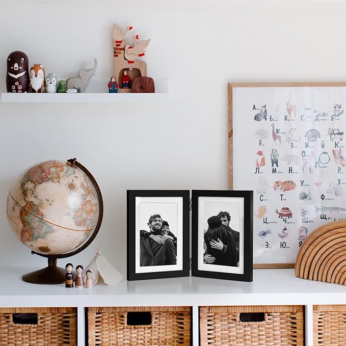 5x7 Double Horizontal Hinged Wood Picture Frame Folding Photo Frame with Real Glass Front in Black for Tabletop, Display 4x6 with Mat or 5x7 without Mat P-HEI-2H57