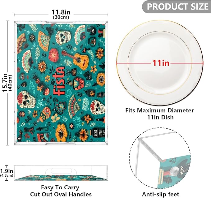 Serving Tray with Handles Clear Acrylic Tray 12x16 Inch Decorative Rectangular Tray Organizer for Ottoman Coffee Table Bathroom Fiesta Mexican Green Skulls Guitars Flowers