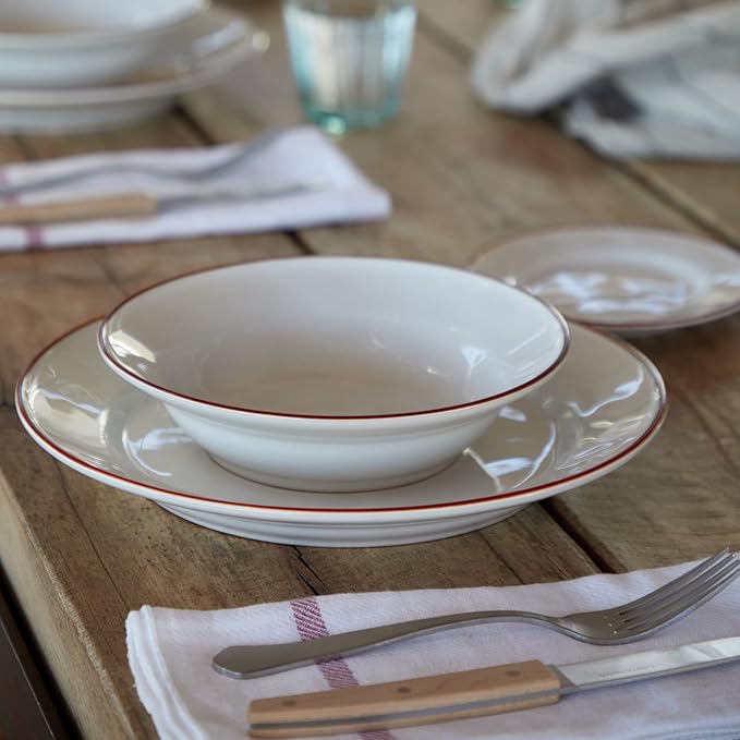 Costa Nova Ceramic Stoneware 8'' Soup Pasta Plate - Beja Collection, White & Red | Microwave & Dishwasher Safe Dinnerware | Food Safe Glazing | Restaurant Quality Tableware