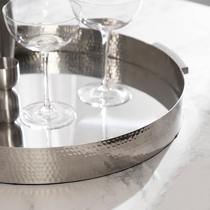 Kate and Laurel Samana Modern Glam Round Metal Tray; 16 Inch Diameter; Silver; Circular Polished Stainless Steel Decorative Tray with Hammered Surface and Minimalist Handles