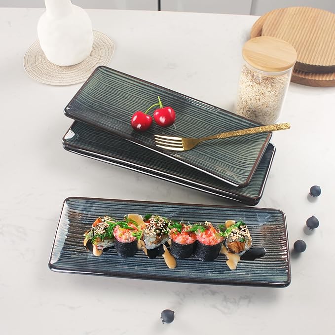 Porcelain Rectangular Plates, Large Cookie Trays, Set of 4, Shatterproof, Dishwasher-Safe, Perfect for Sushi, Baguettes, Snacks, Appetizers, Rolls, or Table Centerpieces.