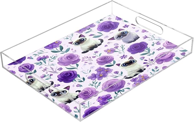 Serving Tray with Handles Clear Acrylic Tray 12x16 Inch Decorative Rectangular Tray Organizer for Ottoman Coffee Table Bathroom Purple Floral Cute Cats