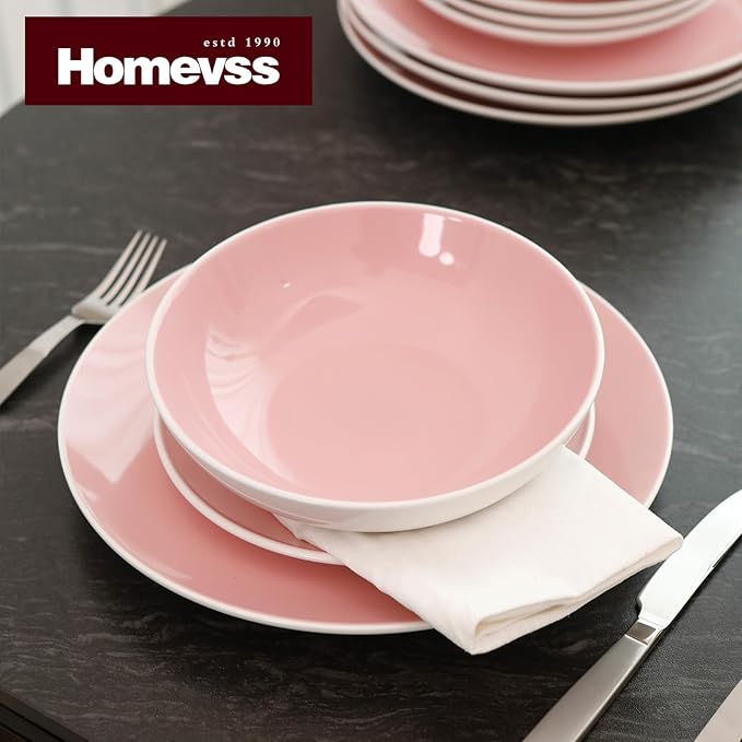 Stoneware Coupe Shape 18pc Dinnerware Set, Outside White + Inside Pink