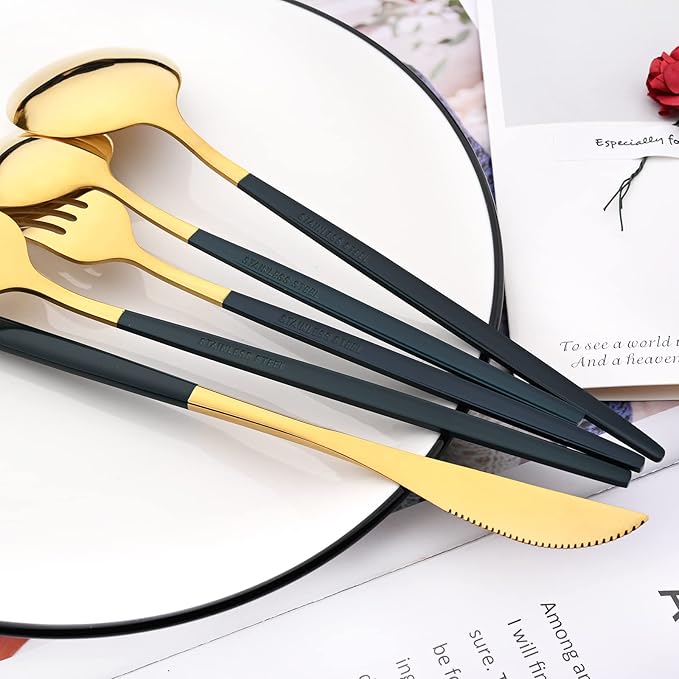 30-Piece Snplowum Mirror Flatware Serving Set, 18/0 Stainless Steel Dinnerware With Green Handle, Modern Durable Home Kitchen Eating Tableware Set Service For 6 (Green Gold)