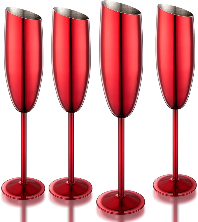 Champagne Flutes Set of 4, Premiumty Stainless Steel High Footed Champagne Glasses, 7oz Capacity,Unbreakable Slanted Champagne Glasses