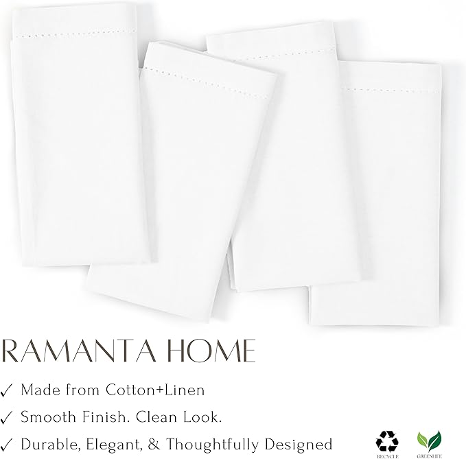 Ramanta Home White Coth Dinner Napkin Set of 12 Premium Cotton 18X18 Inch Linen Flax Hemstitched Soft & Durable Washable Ideal for Everyday Use Parties Thanksgiving Christmas Halloween