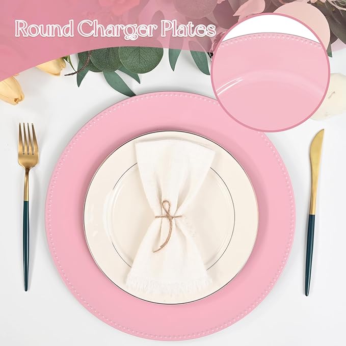 fani 50 Pcs Pink Charger Plates Bulk, 13'' Round Beaded Dinner Charger Plates, Plastic Reusable Vintage Table Decoration for Wedding, Party, Reception, Event, Holiday Supplies