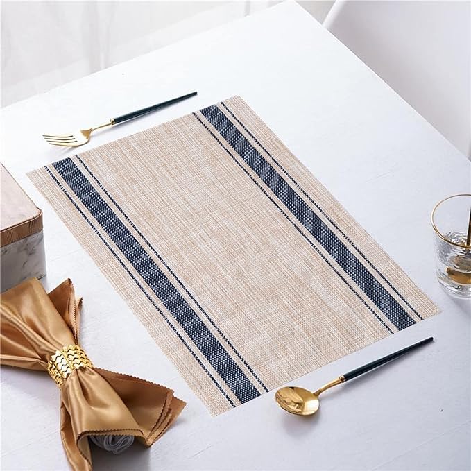 Placemats,PlasticVinyl Washable Heat-Resistant Durable PVC Non-Slip Woven for Kitchen Dining Table Mats (Blue Beige, Set of 8)