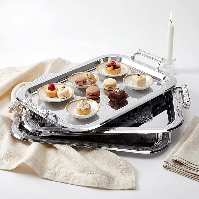 4 Pack Stainless Steel Serving Tray with Handle, 16 x 11.4 Inch Large Silver Plate Elegant Floral Metal Platter Tableware for Buffet Wedding Birthday Decorative