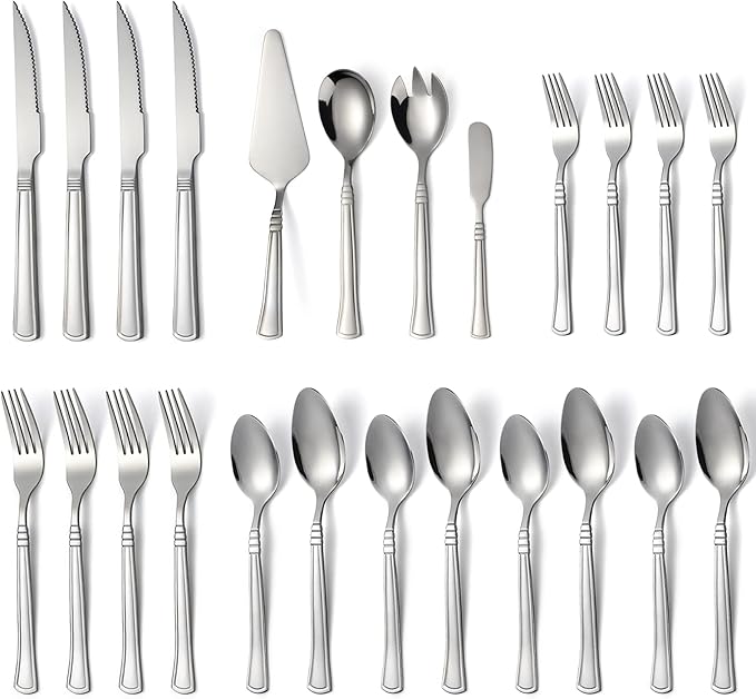 24-Piece Silverware Set with Serving Utensils Stainless Steel Flatware Set for 4 Include Dinner Fork Knife Spoon Cutlery Utensil Set for Home Kitchen Restaurant