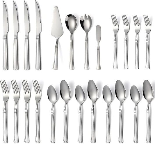 24-Piece Silverware Set with Serving Utensils Stainless Steel Flatware Set for 4 Include Dinner Fork Knife Spoon Cutlery Utensil Set for Home Kitchen Restaurant