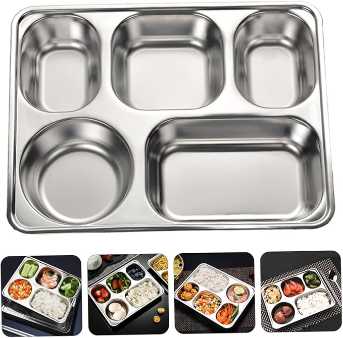 Cabilock 1pc Stainless Steel Food Plate Section Serving Tray Divided Lunch Compartment Stackable
