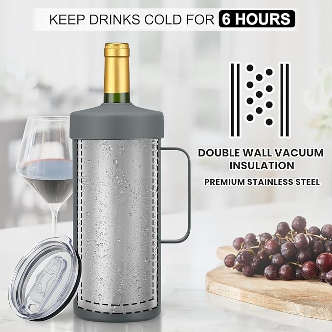 MAXSO 42oz Wine Chiller Iceless Cooler Tumbler - Gift for Wine Lovers, 2-IN-1 Stainless Steel Vacuum Insulated Bucket Portable Mug Cup Wine Accessory Keep Cold, Fit Most 750ml Wine & Champagnes, Grey