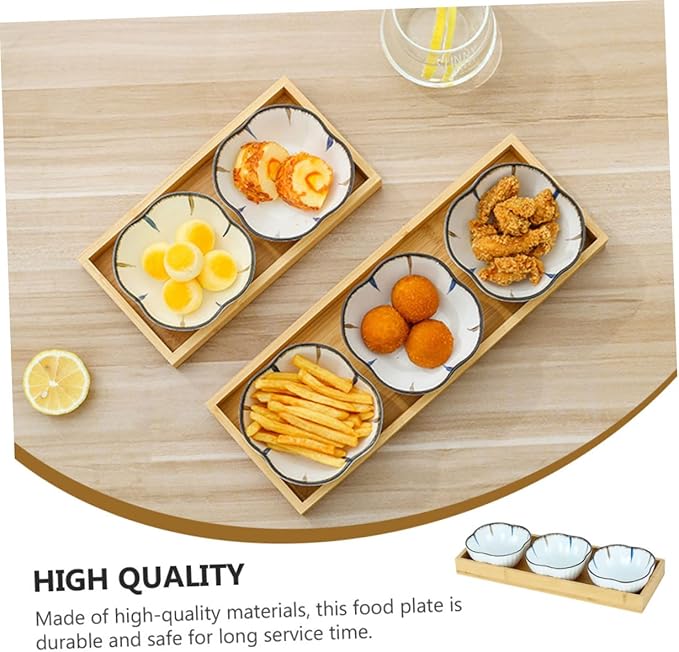 1Set Japanese Style Snack Plate with Wooden Tray Ceramic Small Plates for Side Dishes Desserts Appetizers and Condiments Food-safe Material for Home and Restaurant Use