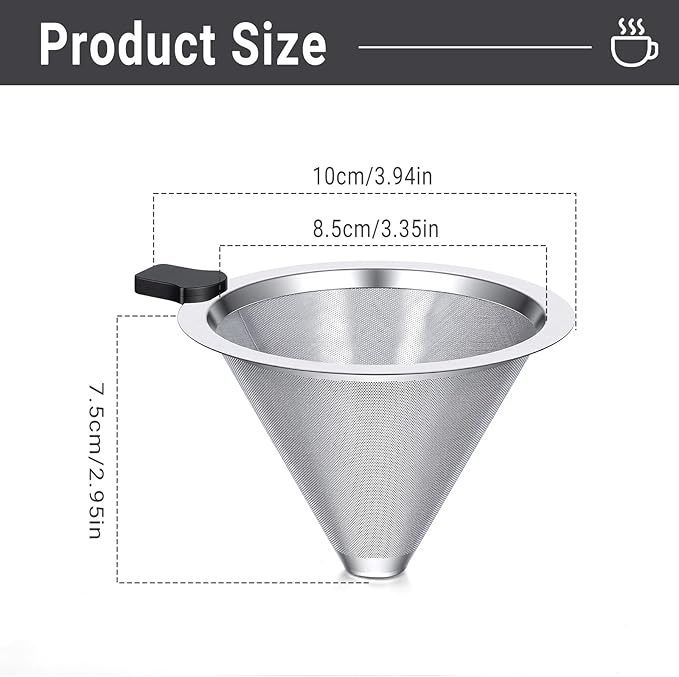 Pour Over Coffee Filter Dripper Stainless Steel Paperless Drip Coffee Tea Filter Small Size Reusable Double Mesh Coffees Maker Dripper for 1-2 Cups