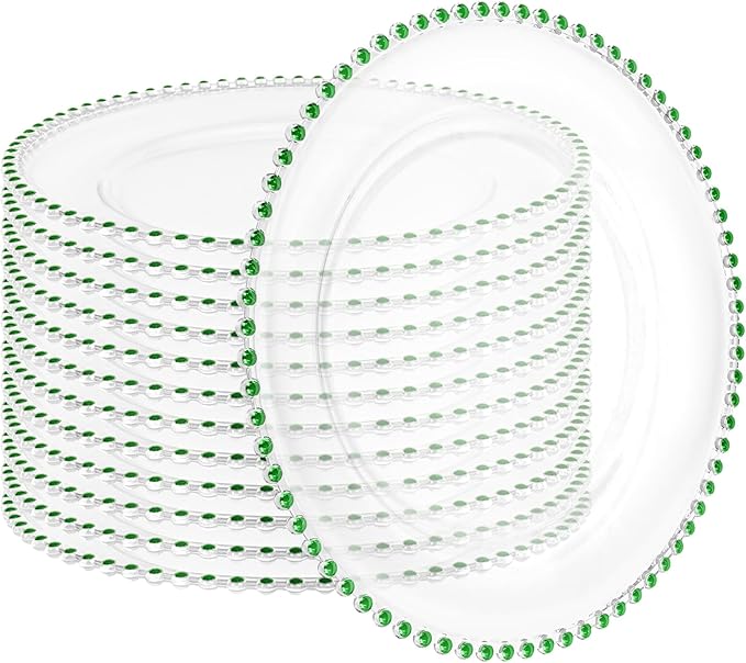 12 Pack Clear Charger Plates with Beaded Rim, 13 Inch Plastic Chargers for Dinner Plates Acrylic Round Tabletop Decoration for Home Kitchen Catering Wedding Table Event Party Dinner (Green)