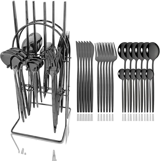 JASHII 24-Piece Stainless Steel Flat Flatware Set for 6, Fork Spoon Knife Set Eating Utensils Tableware with Holder for Kitchens Home and Restaurant, Dishwasher Safe - Shiny Black