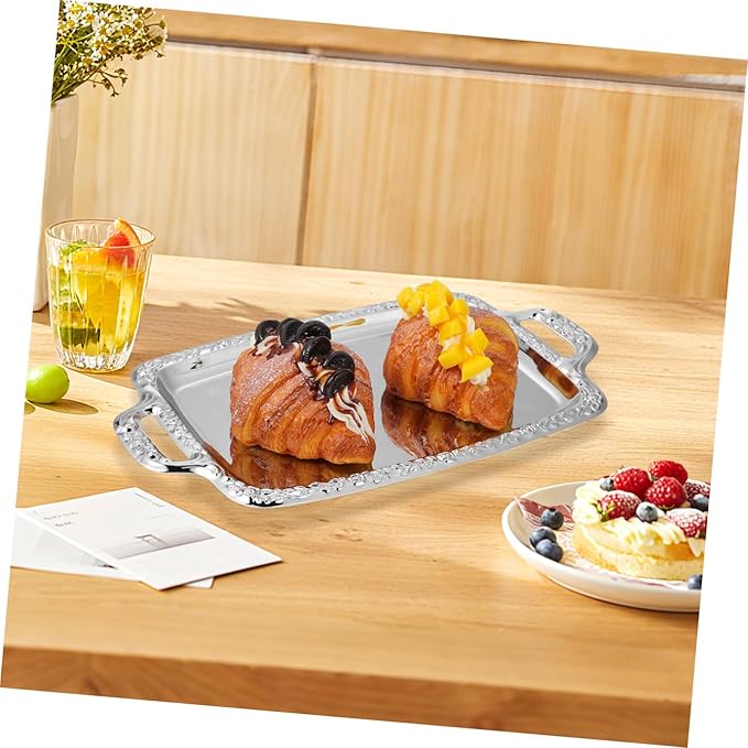 Veemoon Rectangular Silver Serving Tray - Vintage Metal Tray for Whiskey - Dining Tableware and Decorative Platter Perfect for Entertaining and Home Decor
