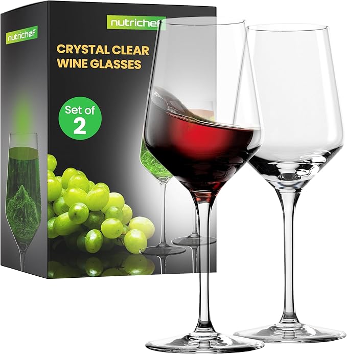 NutriChef Crystal Wine Glasses - 2 Elegant Tall Red and White Wine Clear Stemmed Glass Drinkware, Seamless Bowl, 100% Lead-Free, Dishwasher Safe, for Wine Enthusiasts