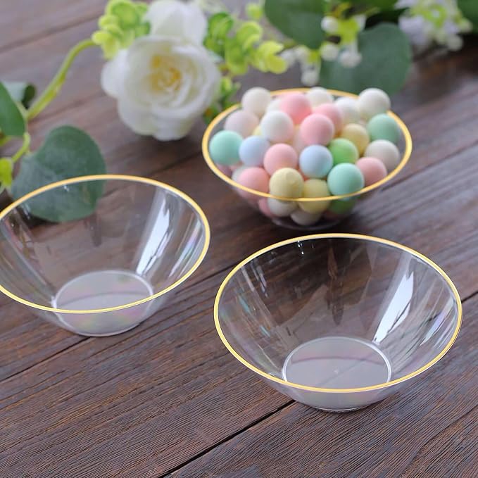 Efavormart 24 Pack Clear Heavy Duty Plastic Dessert Bowls with Gold Rim, Premium Disposable Ice Cream Party Bowls - 7oz