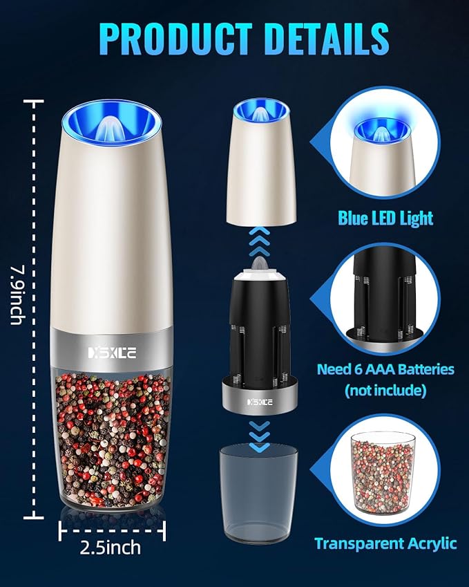 XinXu Gravity Electric Pepper and Salt Grinder Set, Adjustable Coarseness, with LED Light, One Hand Automatic Operation (Set/Khaki X)