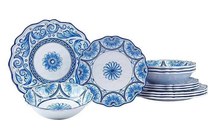 Veranda Melamine 12-Piece Dinnerware Set, Service for 4 – Includes Dinner Plates, Salad Plates, and Bowls – Elegant Blue and White for Everyday Use, Indoor/Outdoor Dining, and Entertaining