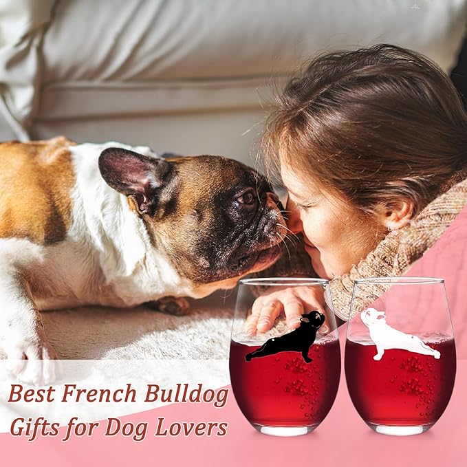 Futtumy Bulldog Wine Glasses Set of 2, French Bulldog Gifts, Bulldog Gifts, French Bulldog Dog Lovers Gift for Women, Gift for Dog Lovers for Christmas Birthday Mother's Day, 17Oz Wine Glass