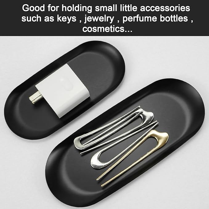 Stainless Steel Decorative Tray Set of 2 Serving Trays Cosmetics Organizer Bathroom Clutter Serving Platter 7/9 Inch Small Storage Tray (Black)