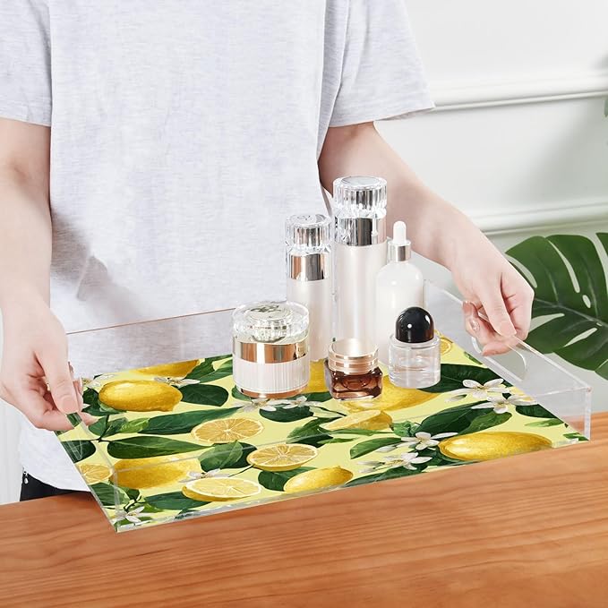Serving Tray with Handles Clear Acrylic Tray 12x16 Inch Decorative Rectangular Tray Organizer for Ottoman Coffee Table Bathroom Yellow Vibrant Lemons Floral