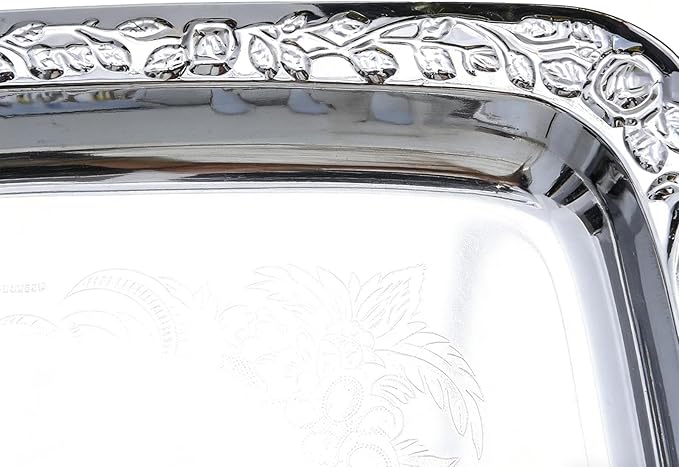 Silver Serving Tray with Handles, Sturdy Design, 39x23x1.7cm, Vintage Floral Metal Silver Platter, Metal Food Tray, Easy to Clean, for Candy Bread Cake Charcuterie Home Kitchen