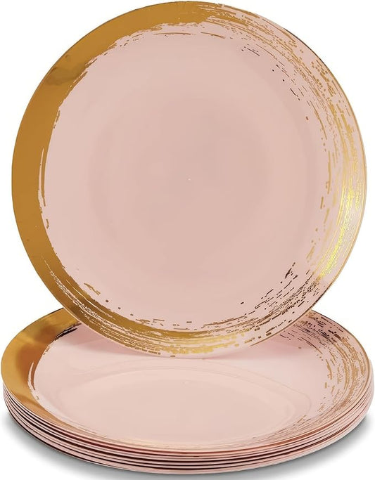 SILVER SPOONS Gold Brush Stroke Rimmed Plastic Dessert Plates for Party (10 PC) Heavy Duty Disposable Dinner Set 7.5", Fine China Look Dishes for Baby Showers, Celebrations & Events - Blush