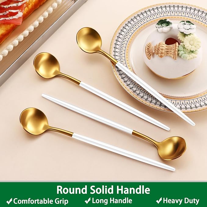 7.95 Inches Satin Gold Stainless Steel 18/10 Iced Tea Spoons With White Handle,Set Of 4 Ice Teaspoons,Long Handle Coffee Stirring Spoons,Sundae Spoon For Mixing