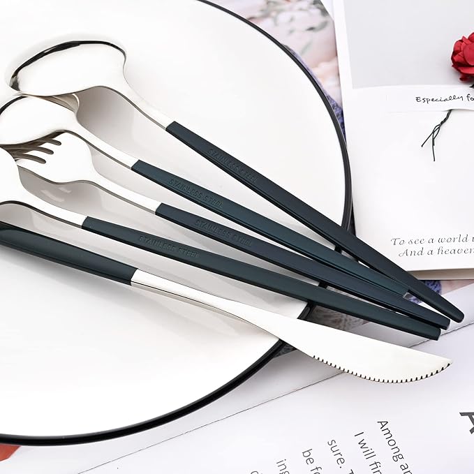 30-Piece Snplowum Mirror Flatware Serving Set, 18/0 Stainless Steel Dinnerware With Green Handle, Modern Durable Home Kitchen Eating Tableware Set Service For 6 (Green Silver)