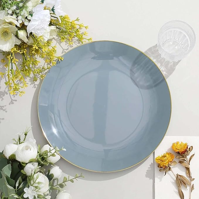 Efavormart 10 Pack | 10" Glossy Dusty Blue Round Plastic Dinner Plates With Gold Rim, Disposable Party Plates