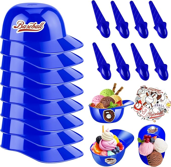 MEEZY 16 Set Baseball Helmet Ice Cream Bowls with 8 Mini Dessert Cups and 8 Spoons, 8oz Reusable Baseball Cap Snack Dessert Cup Bowls Baseball Party Favors for Kids Sports Birthday Party Supplies